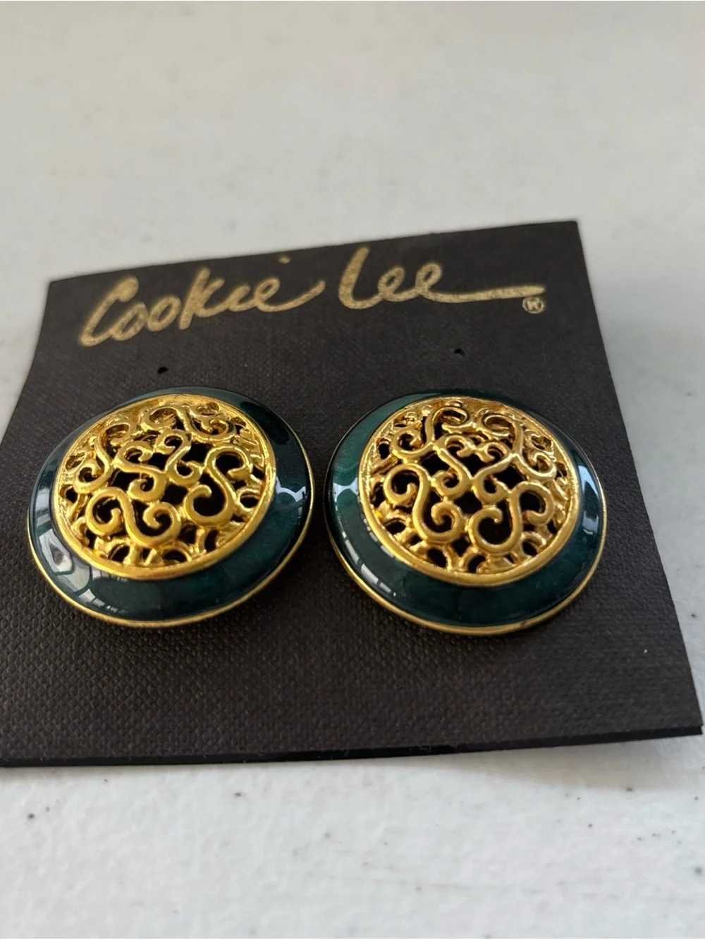 Cookie Lee Gold Filigree with Dark Green Enamel Button Earrings